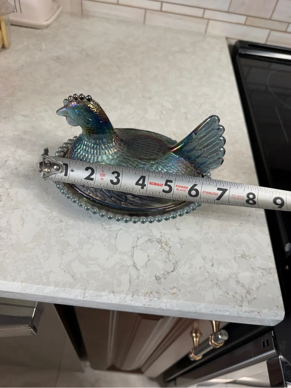 Iridescent Carnival Glass Hen on Nest Covered Dish - Blue-Green